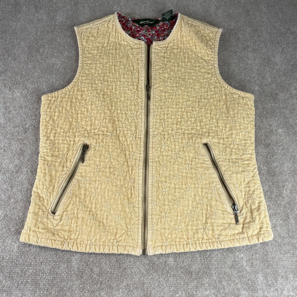 Eddie Bauer VTG Quilted Corduroy Vest Women S Beige Floral Lining Zip Pockets - Picture 1 of 14